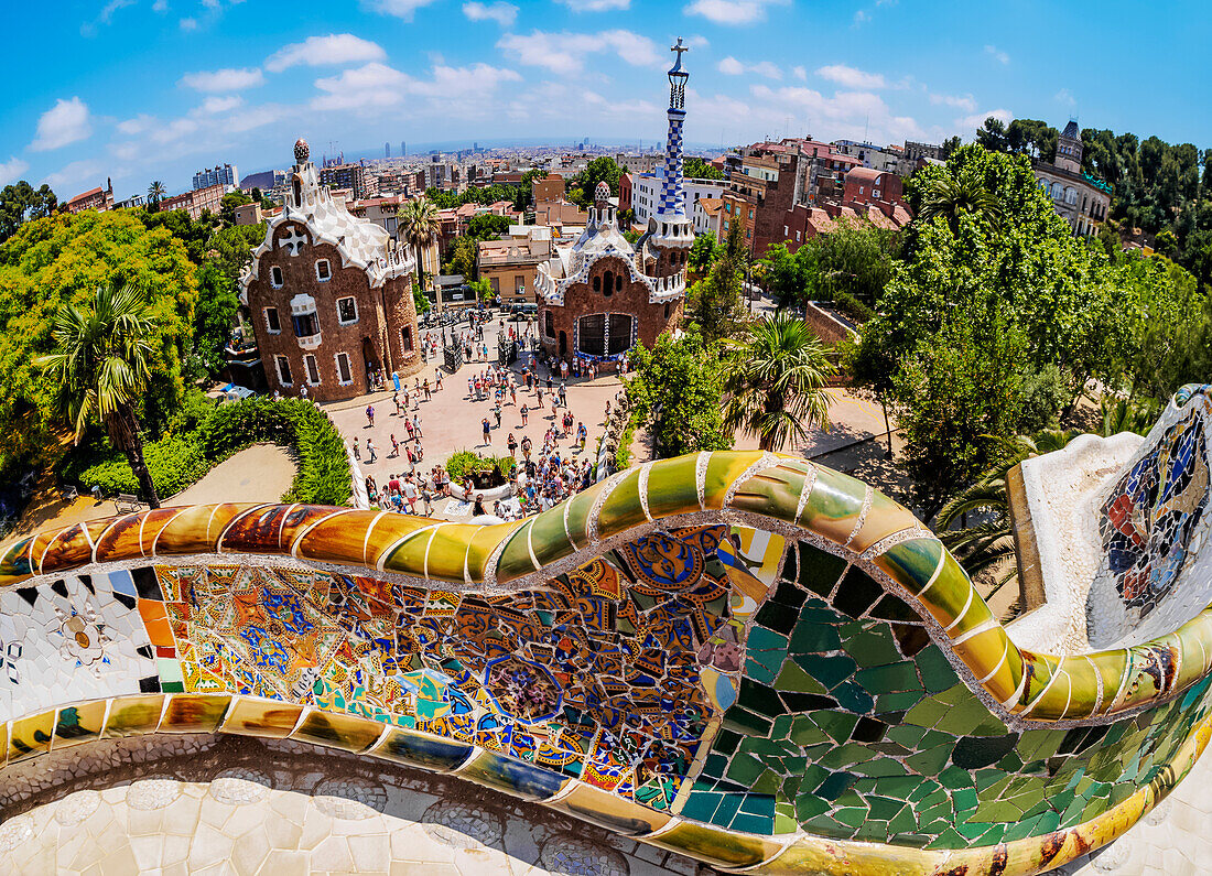 Parc Güell, berühmter Park, entworfen von Antoni Gaudi, UNESCO-Weltkulturerbe, Barcelona, Katalonien, Spanien, Europa