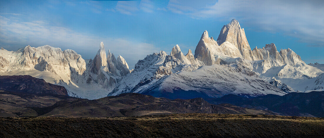 South America, Argentina, Glacier National Park. Panoramic of Mt. Fitzroy and Cerro Torre.