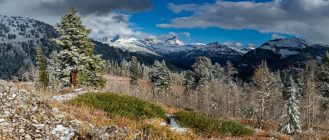Panoramic of October snow and Teton Mountains from the west near Jackson hole, Wyoming and Driggs, Idaho