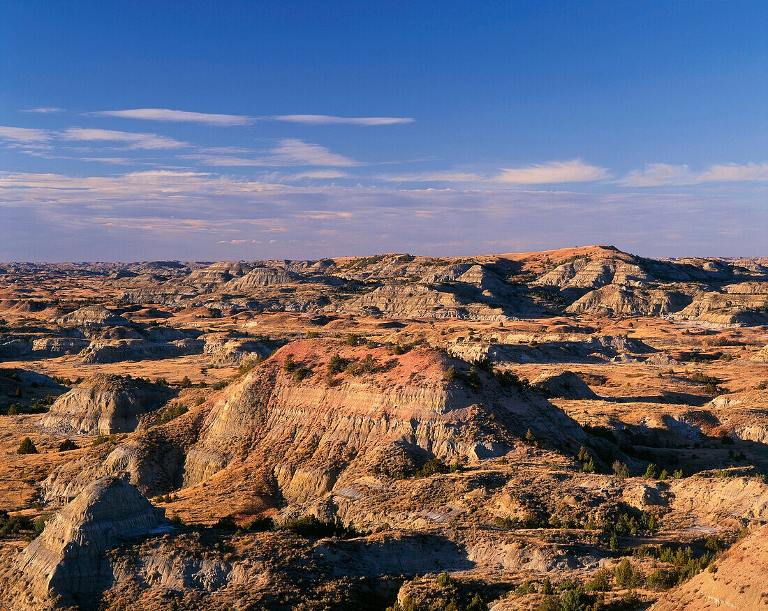 USA, North Dakota, Theodore Roosevelt National Park, Evening light defines eroded, sedimentary hills and grassy plains in autumn, Painted Canyon Overlook, South Unit.