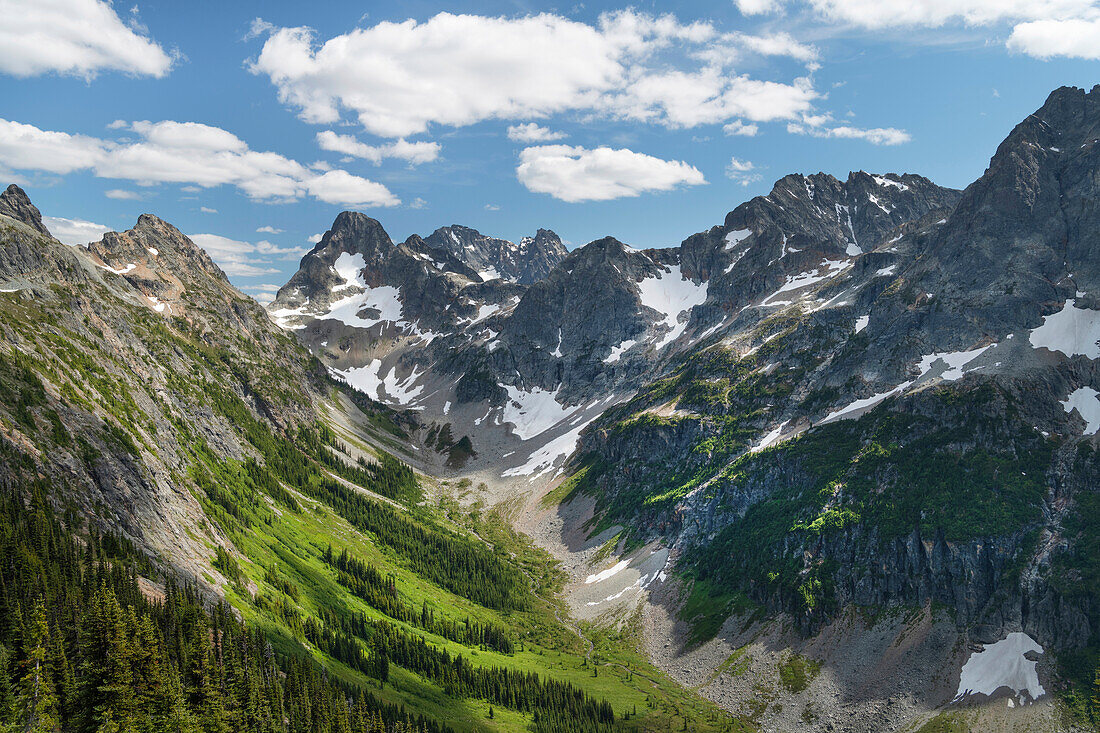 Oberes Fisher-Creek-Becken. Fisher Peak, Black Peak und Mount Arriva sind in der Ferne. North-Cascades-Nationalpark, Bundesstaat Washington.