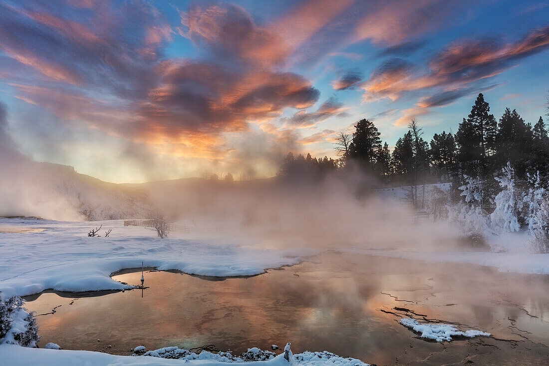 Brillante Sonnenaufgangswolken über Grassy Spring in Mammoth Hot Springs im Yellowstone National Park, Wyoming, USA