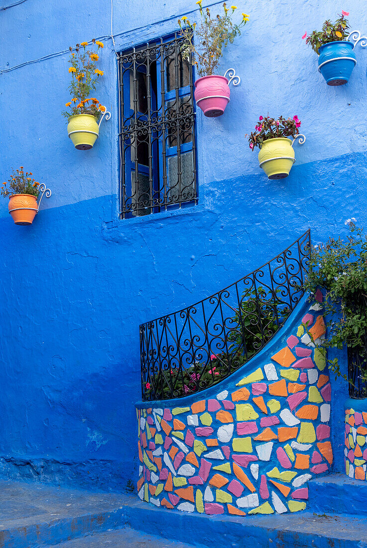 Africa, Morocco, Chefchaouen. Colorful house exterior.
