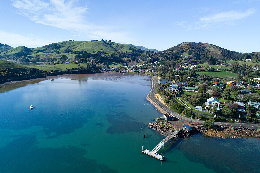 Jetty, Portobello, Otago Peninsula, and Otago Harbour, Dunedin, South Island, New Zealand - drone aerial