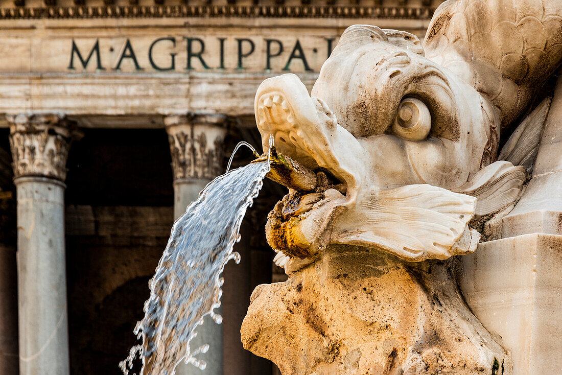 Italy, Rome. Piazza della Rotunda, Fontana del Pantheon, 1575, (supplied by Virgo (Vergine) Aqueduct with 4 carved marble dolphins with Pantheon facade as backdrop