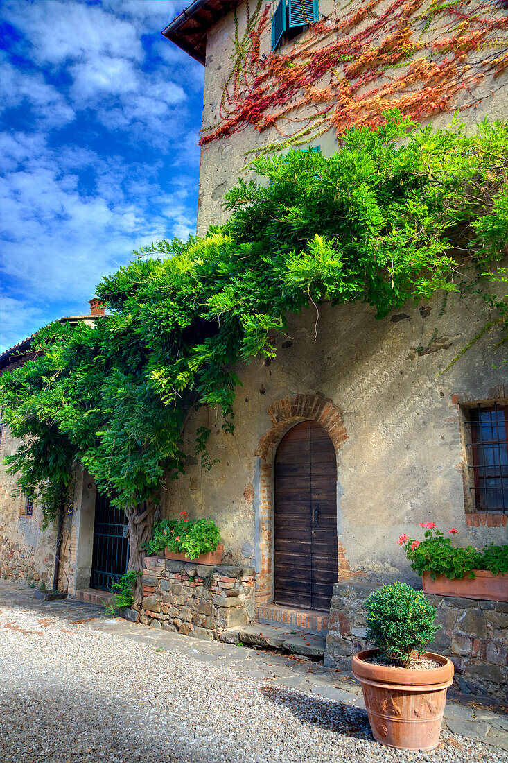 Italien, Toskana. Innenhof eines Agriturismo in der Nähe der Hügelstadt Montalcino.