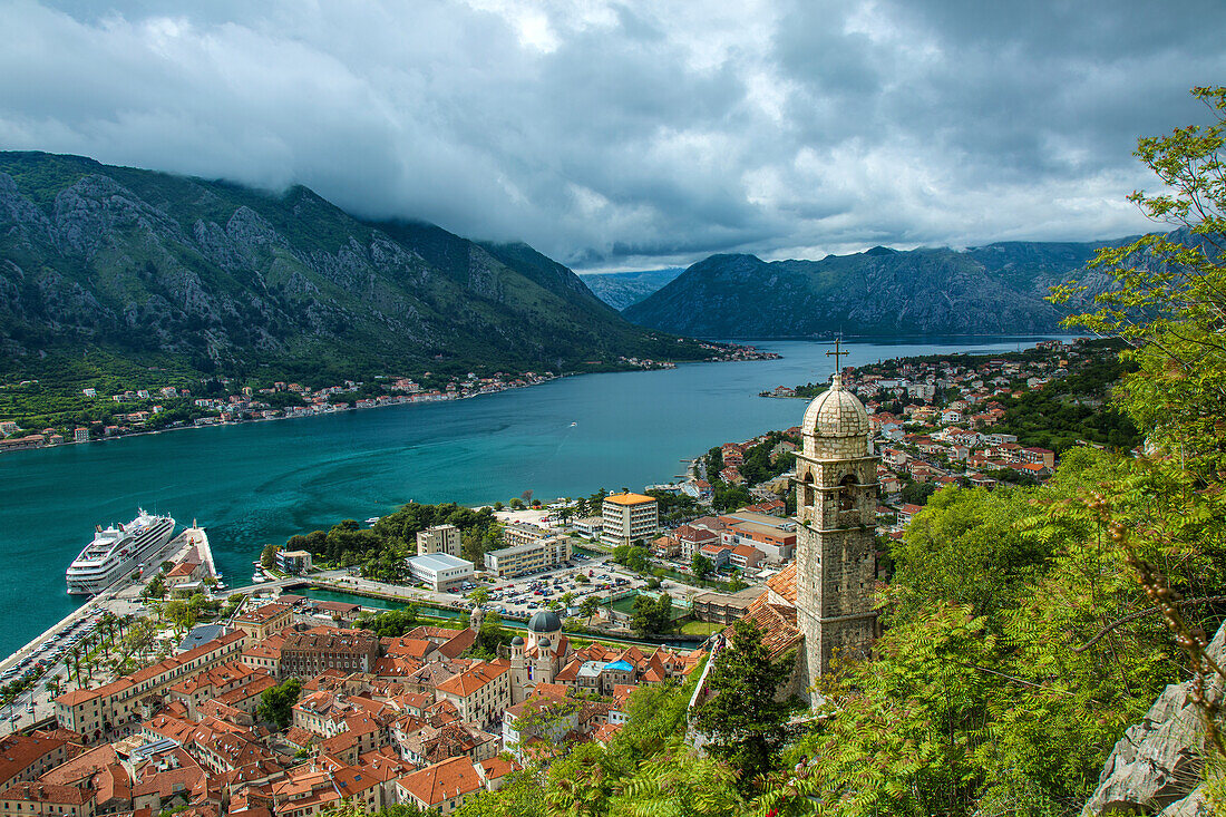 Europa, Montenegro, Kotor. Kreuzfahrtschiff im Stadthafen.