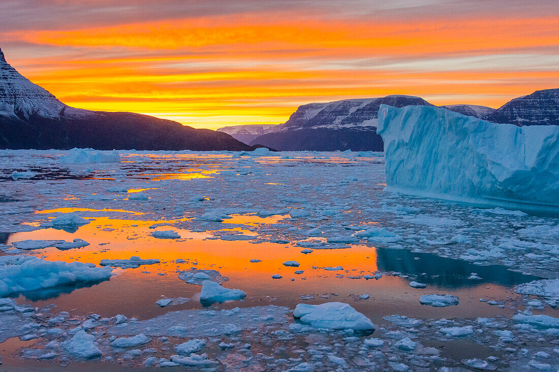 Grönland. Scoresby Sund. Gasefjord. Sonnenuntergang mit Eisbergen und Treibeis.