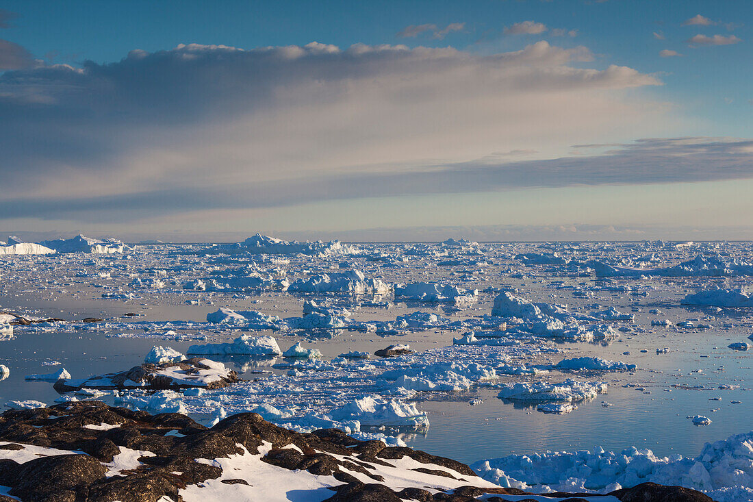 Greenland, Disko Bay, Ilulissat, elevated view of floating ice