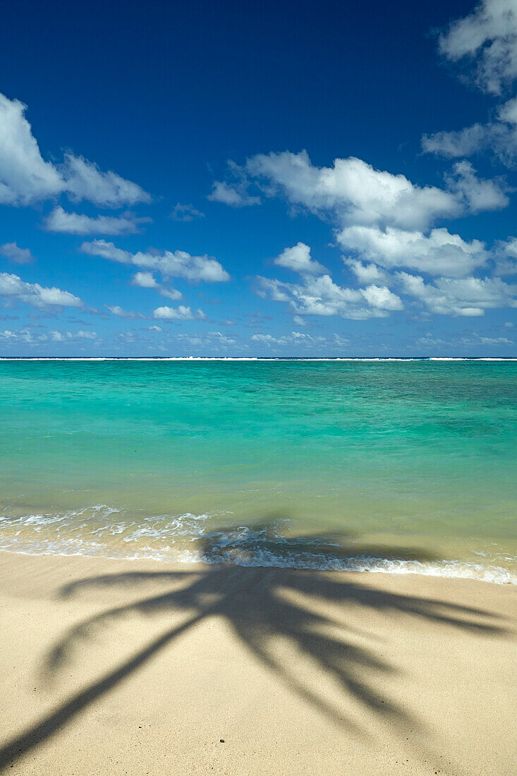 Kokospalmenschatten am Strand und Pazifischen Ozean, Rarotonga, Cookinseln, Südpazifik