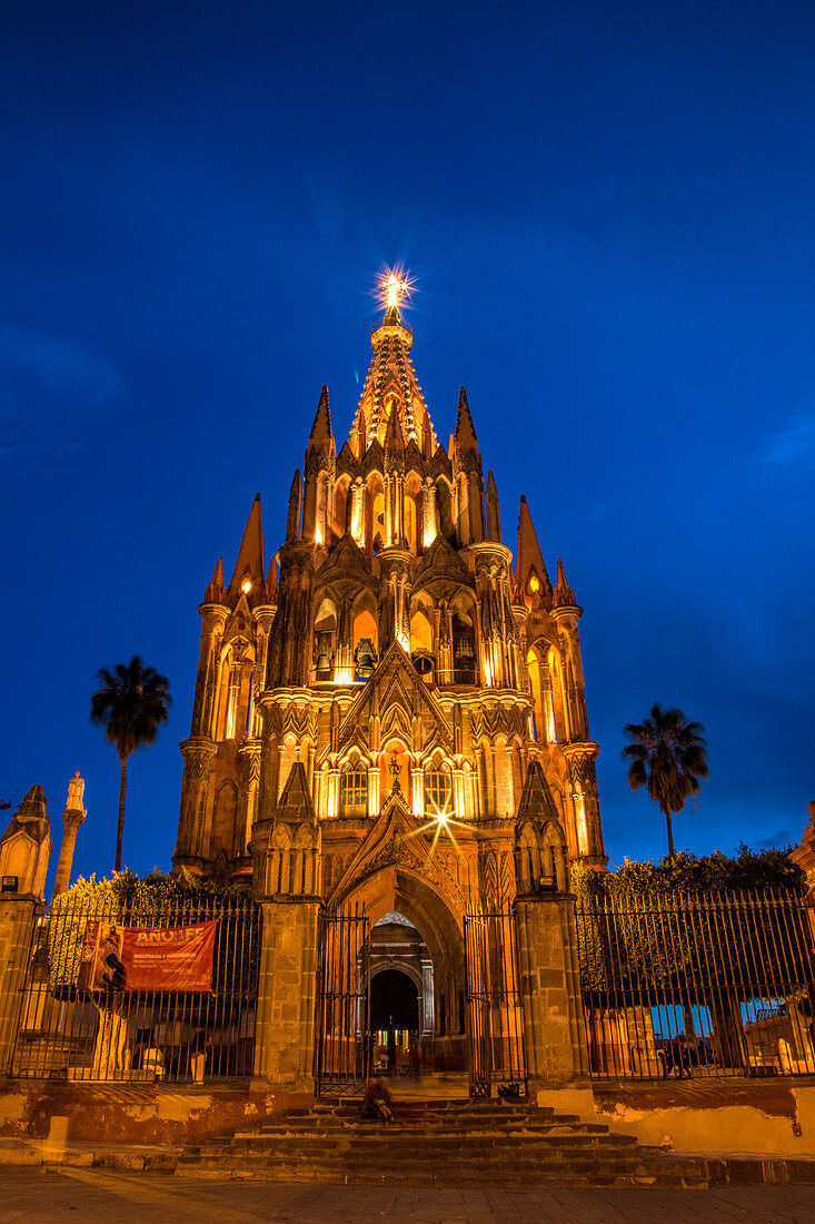 North America; Mexico; San Migel de Allende; Evening Lights Parroquia Archangel Church San Miguel de Allende, Mexico
