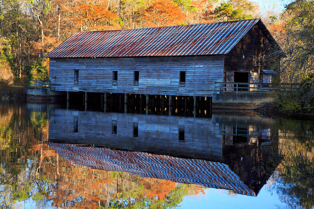 USA, Georgia, Covered bridge and grist mill in the fall.
