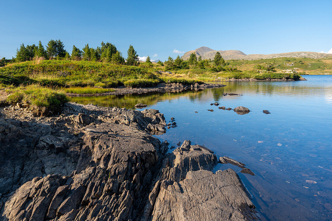 Impressionen einer Wanderung im Sommer zwischen Bergseen auf dem Plateau des Lacs, Isère, Rhône Alpes, Frankreich