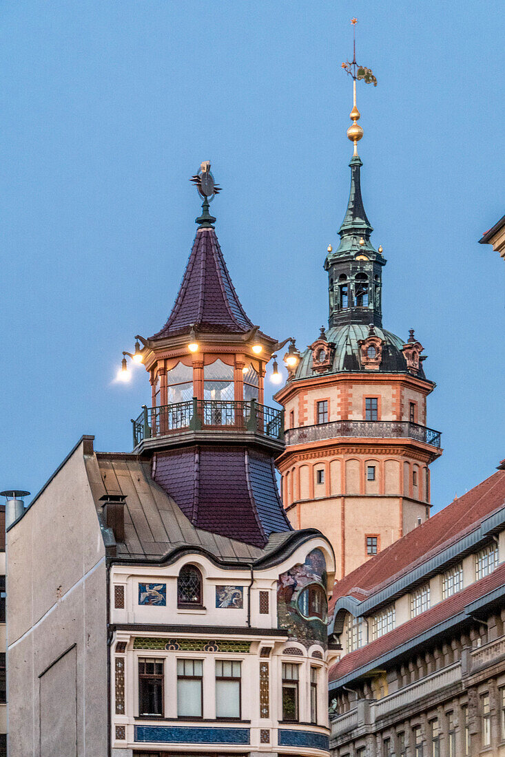 Historic Art Nouveau building with a Chinese tower, Riquet Cafe building in the HG Nicholaikirche, Leipzig,