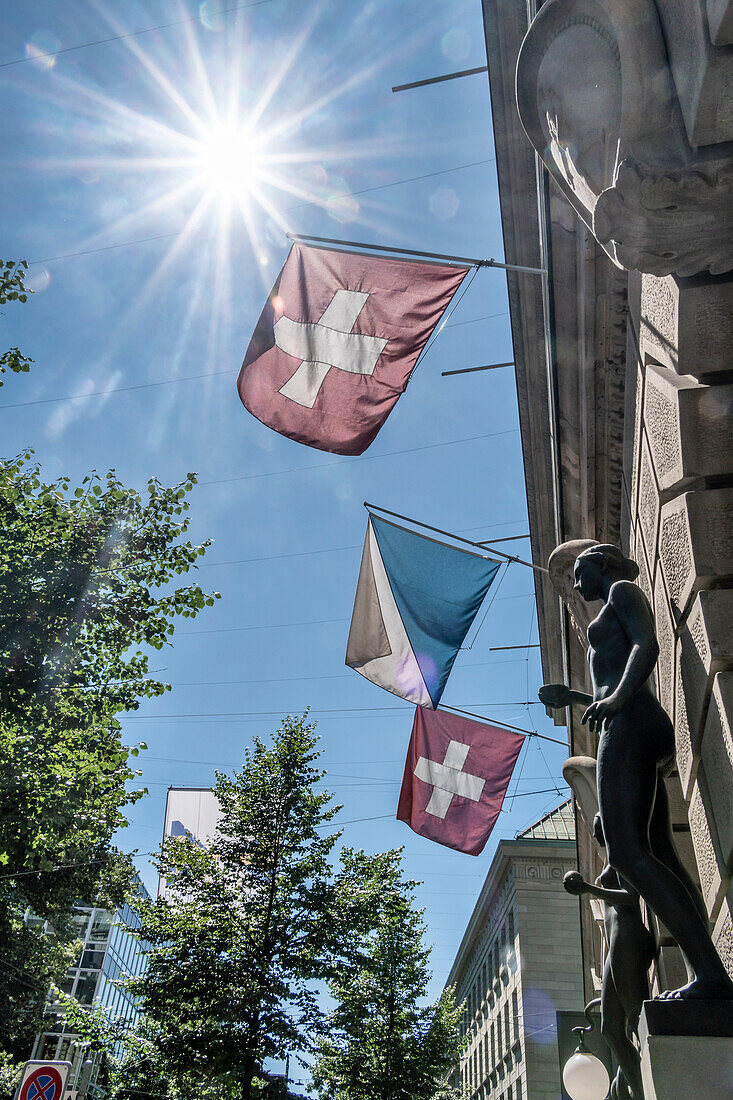Financial metropolis Zurich, Banhofstrasse, Swiss flag, Switzerland