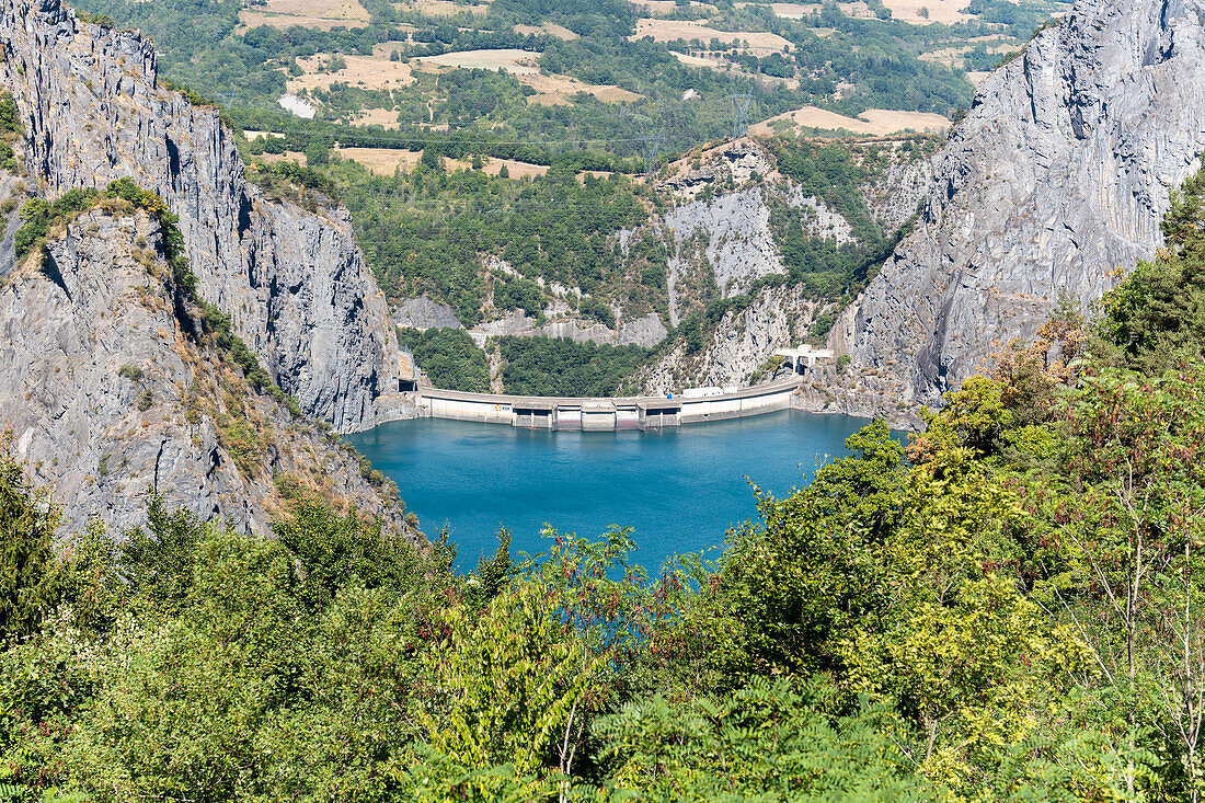View of the Le Drac reservoir at the Belvédère du Petit Train de La Mure, Isère, France