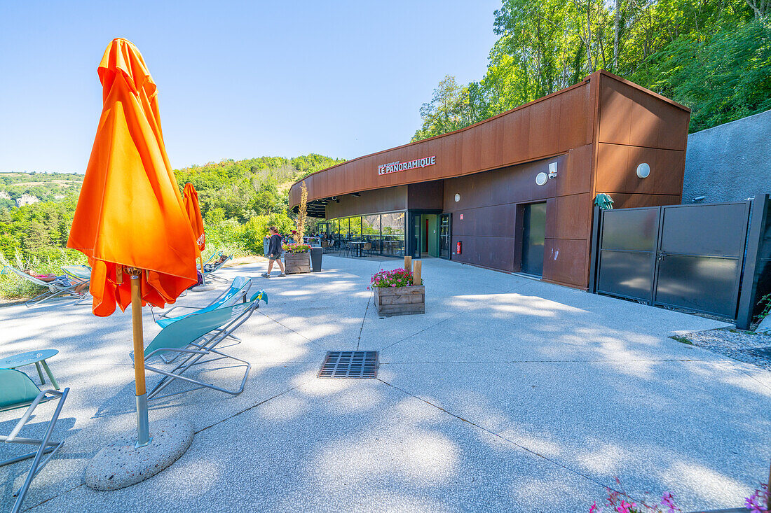 Exterior view of the panorama restaurant at the station of the Petit Train de La Mure at Belvédère, Isère, France