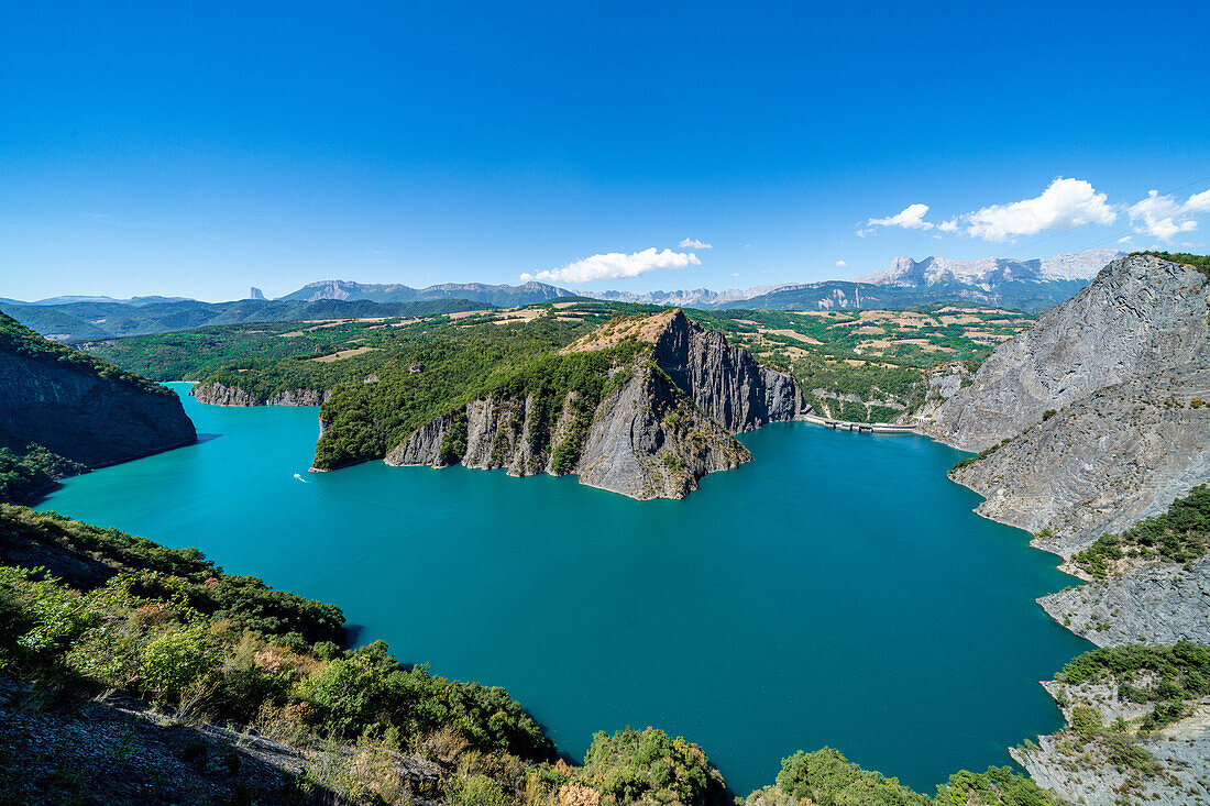 Blick auf den Stausee Le Drac am Belvédère du Petit Train de La Mure, Isère, Grenoble, Auvergne-Rhône-Alpes, Frankreich