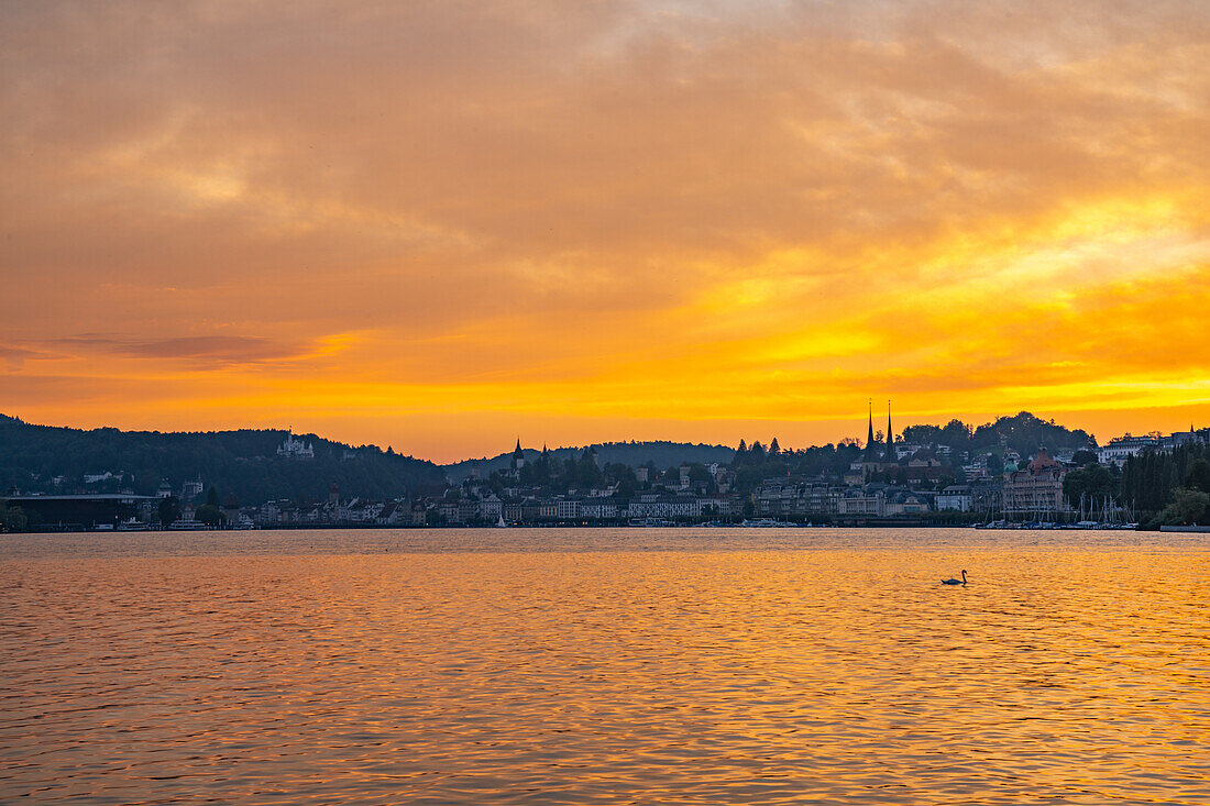 Blick über den Vierwaldstättersee auf Luzern mit Himmelsröte, Kanton Luzern, Schweiz, Europa