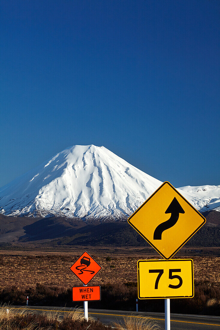 Road signs on Desert Road and Mt. Ngauruhoe, Tongariro National Park, Central Plateau, North Island, New Zealand