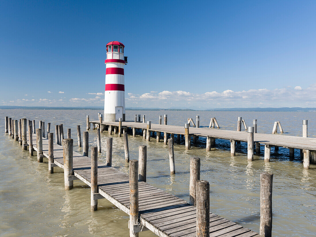 Podersdorf am See on the shore of Lake Neusiedl. The lighthouse in the domestic port, the icon of Podersdorf and Lake Neusiedl. The landscape around the lake is an UNESCO World Heritage. Austria, Burgenland ()