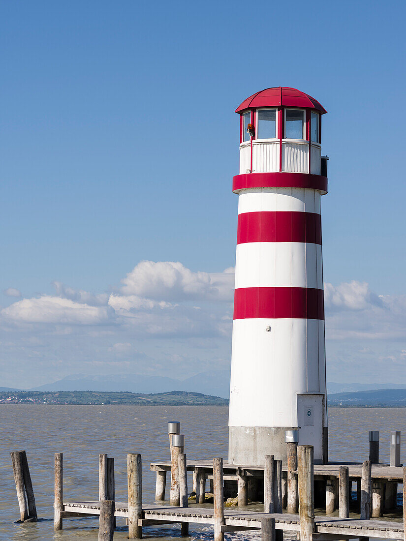 Podersdorf am See on the shore of Lake Neusiedl. The lighthouse in the domestic port, the icon of Podersdorf and Lake Neusiedl. The landscape around the lake is an UNESCO World Heritage. Austria, Burgenland ()