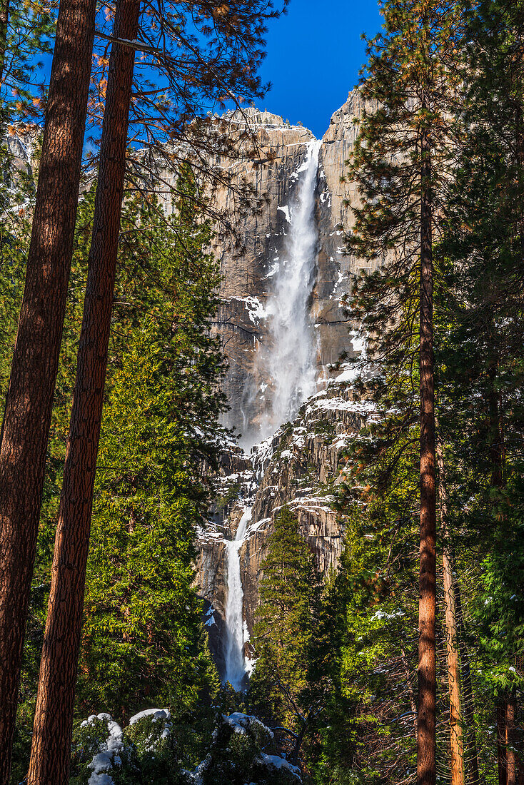 Yosemite Falls in winter, Yosemite National Park, California, USA.