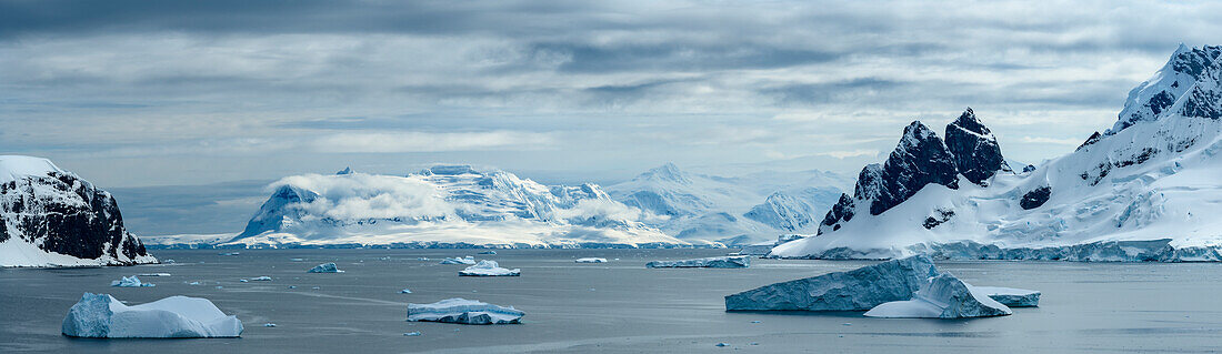 Antarctica, Antarctic Peninsula, Danco Island. Errera Channel panorama.