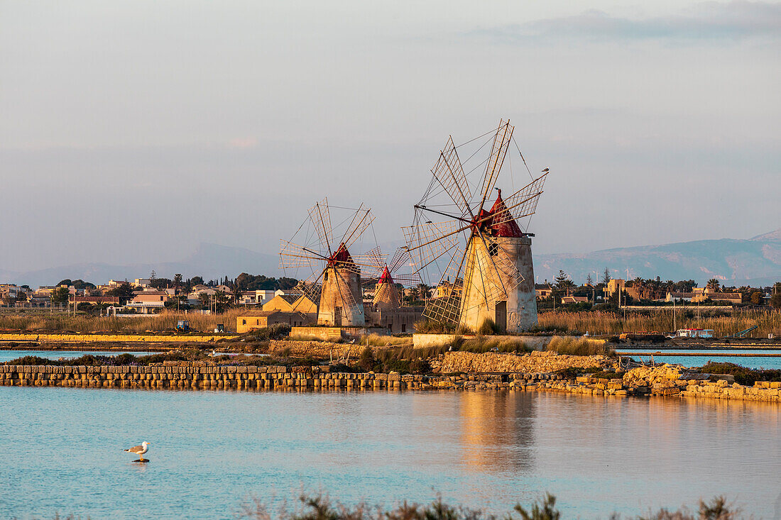 Italy, Sicily, Trapani Province, Marsala. Wind mills at the salt evaporation ponds in the Stagnone Nature Reserve, in Marsala.