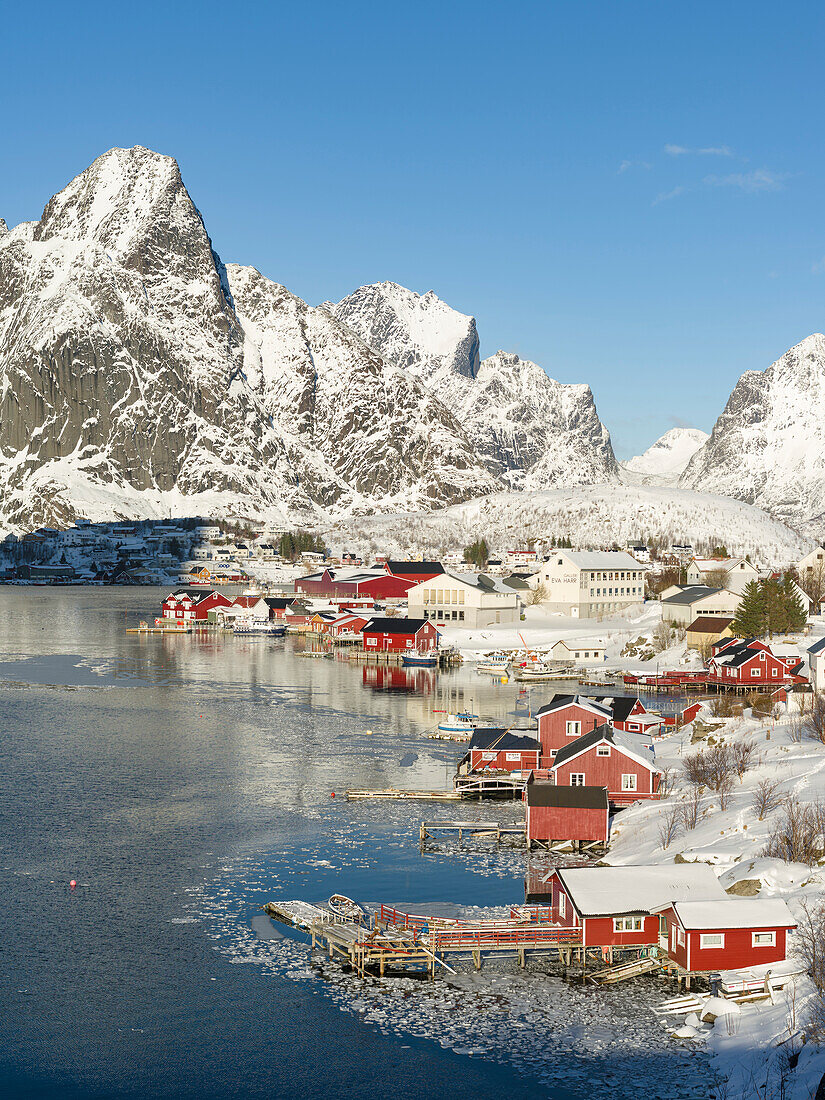 Village Reine on the island Moskenesoya. The Lofoten Islands in northern Norway during winter. Scandinavia, Norway