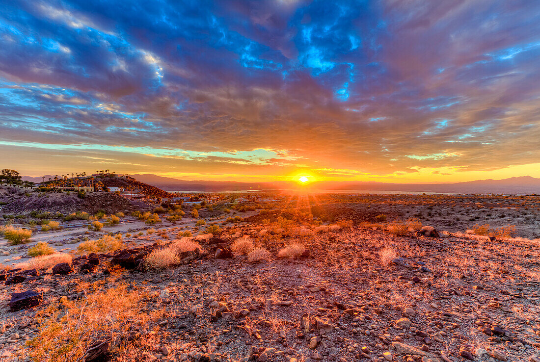 USA, Arizona, Lake Havasu City. Sunset on desert