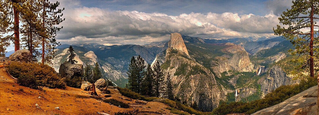 Panoramic view across Yosemite National Park to half dome in California