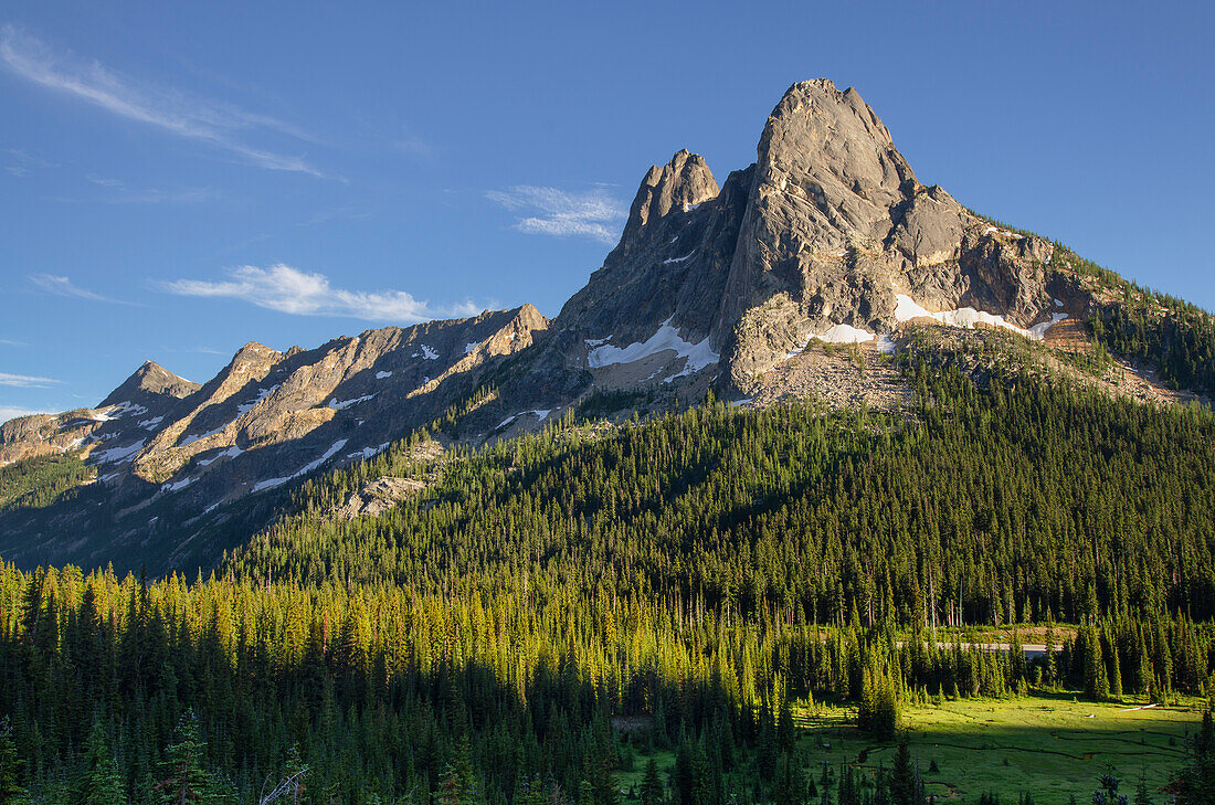 Liberty Bell Mountain and Early Winters Spires, seen from Washington Pass. North Cascades, Washington State