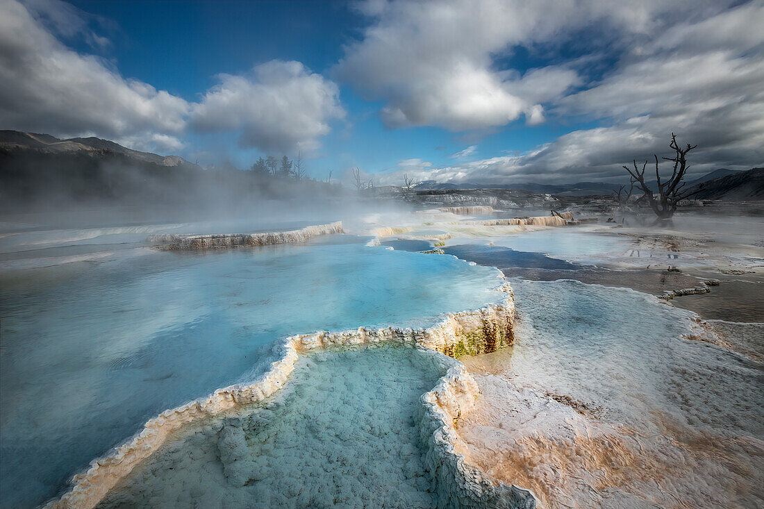 Blue pools on top of Canary Springs, Yellowstone National Park, Wyoming