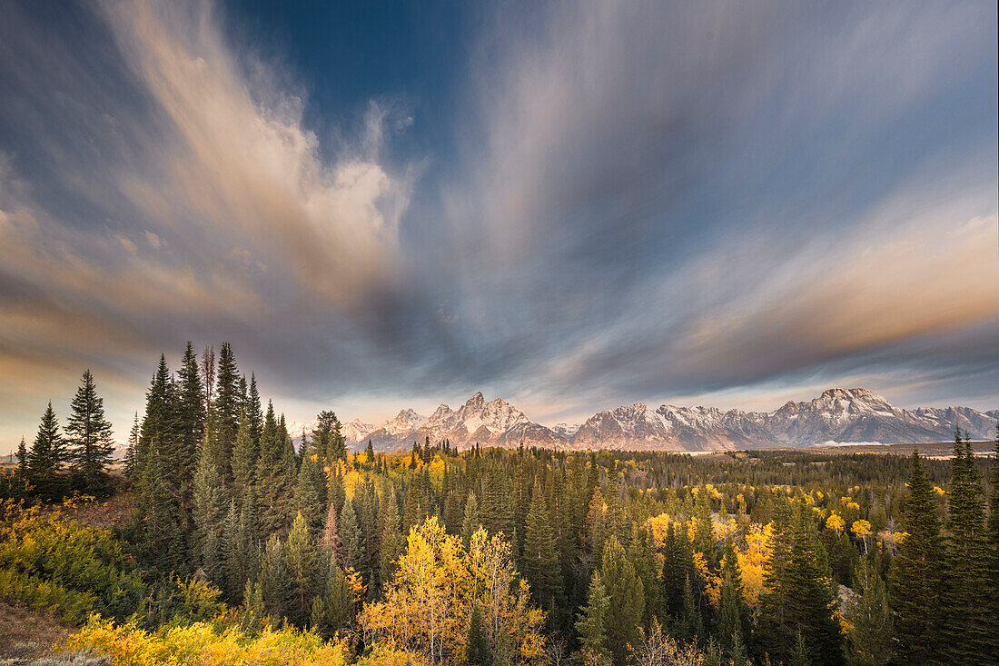 Autumn sunrise view of Teton Range, Grand Teton National Park, Wyoming