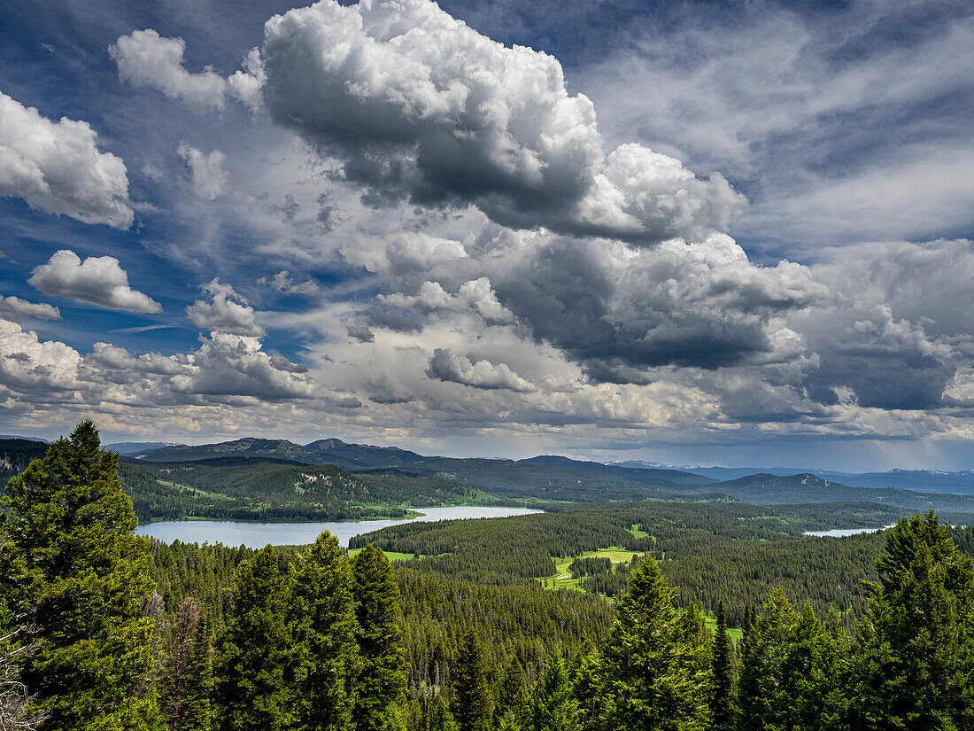 Evergreens, clouds and view of Emma Matilda Lake and Two Ocean Lake, Grand Teton, National Park, Wyoming