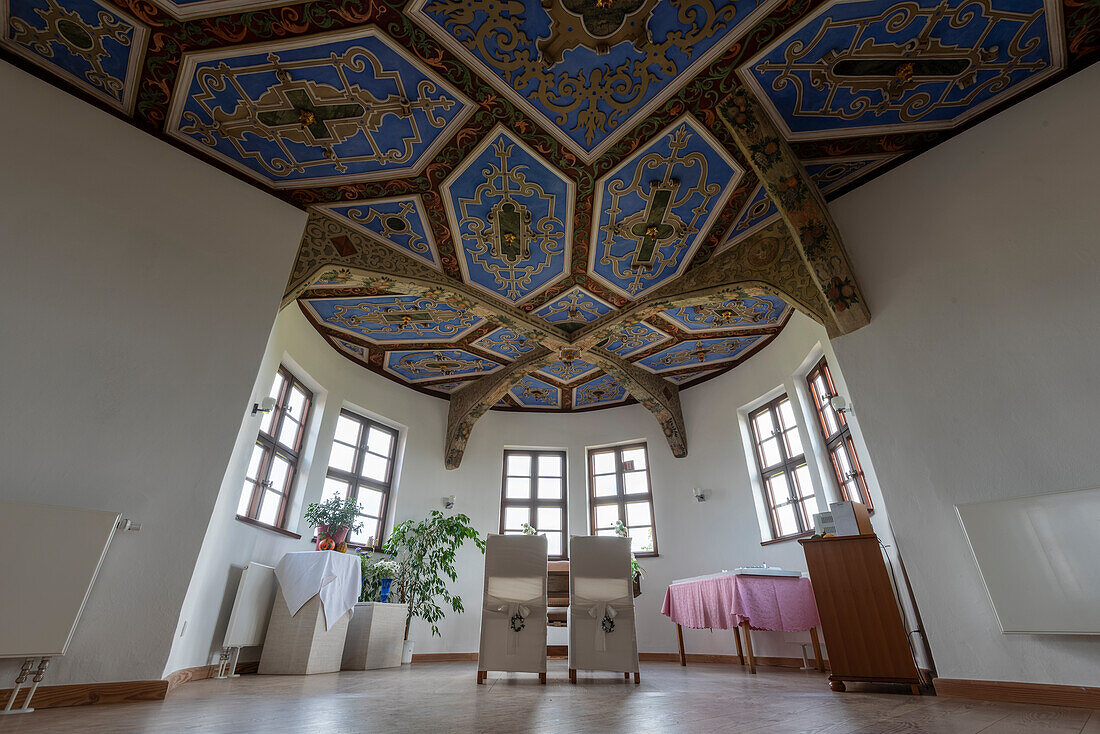 Leitzkau Castle, Hobeck Castle, painted beamed ceiling, wedding room, registry office, Leitzkau, Gommern, Saxony-Anhalt, Germany