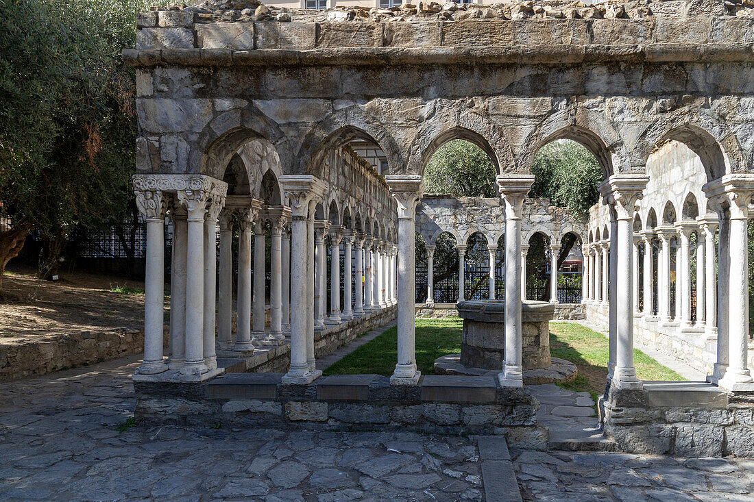 Ruins of the cloister of Sant'Andrea, Genoa, Liguria, Italy.