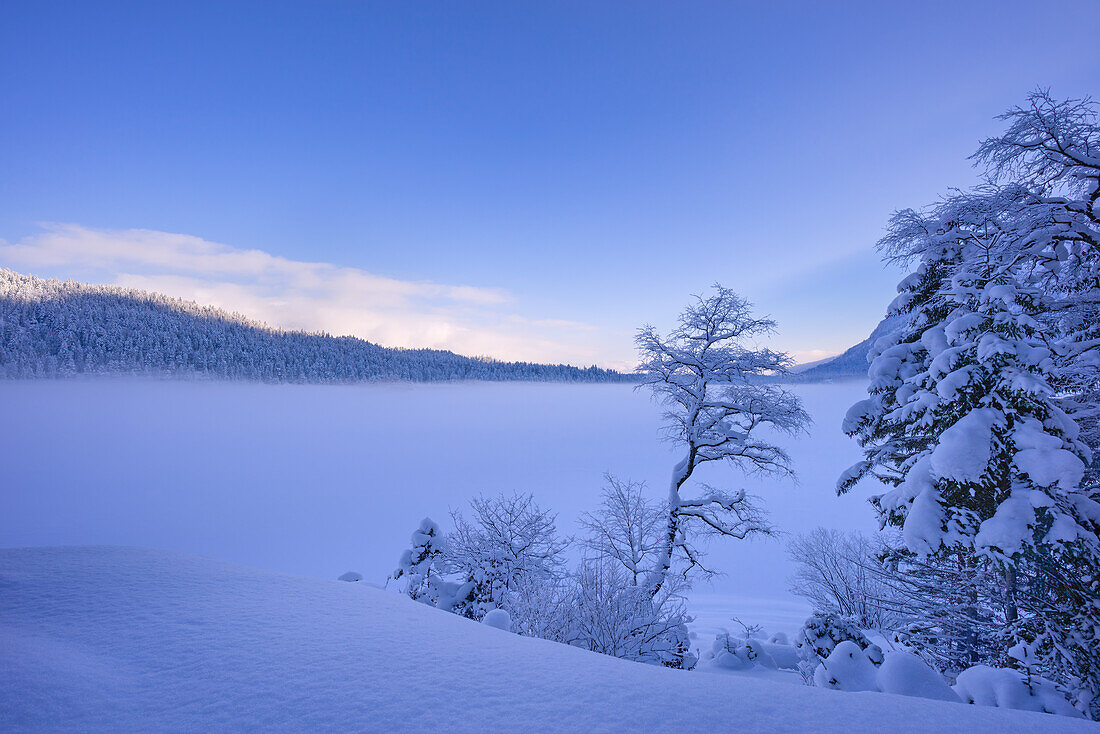 Blick auf den zugefrorenen Eibsee, Grainau, Oberbayern, Bayern, Deutschland