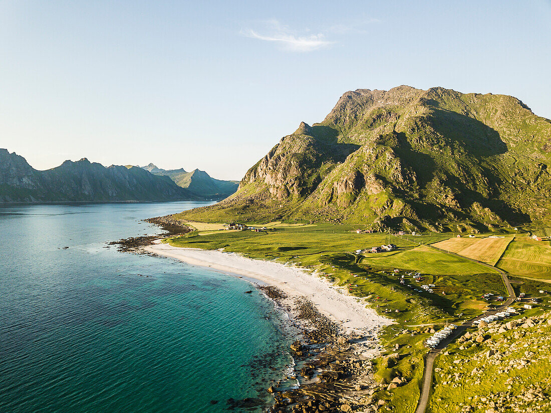 Drone image of Haukland Beach in Norway, Lofoten