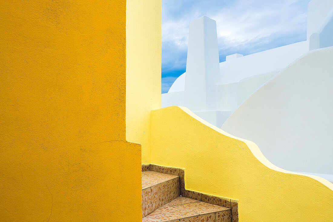 Europe, Greece, Santorini. Stairs and building shapes.