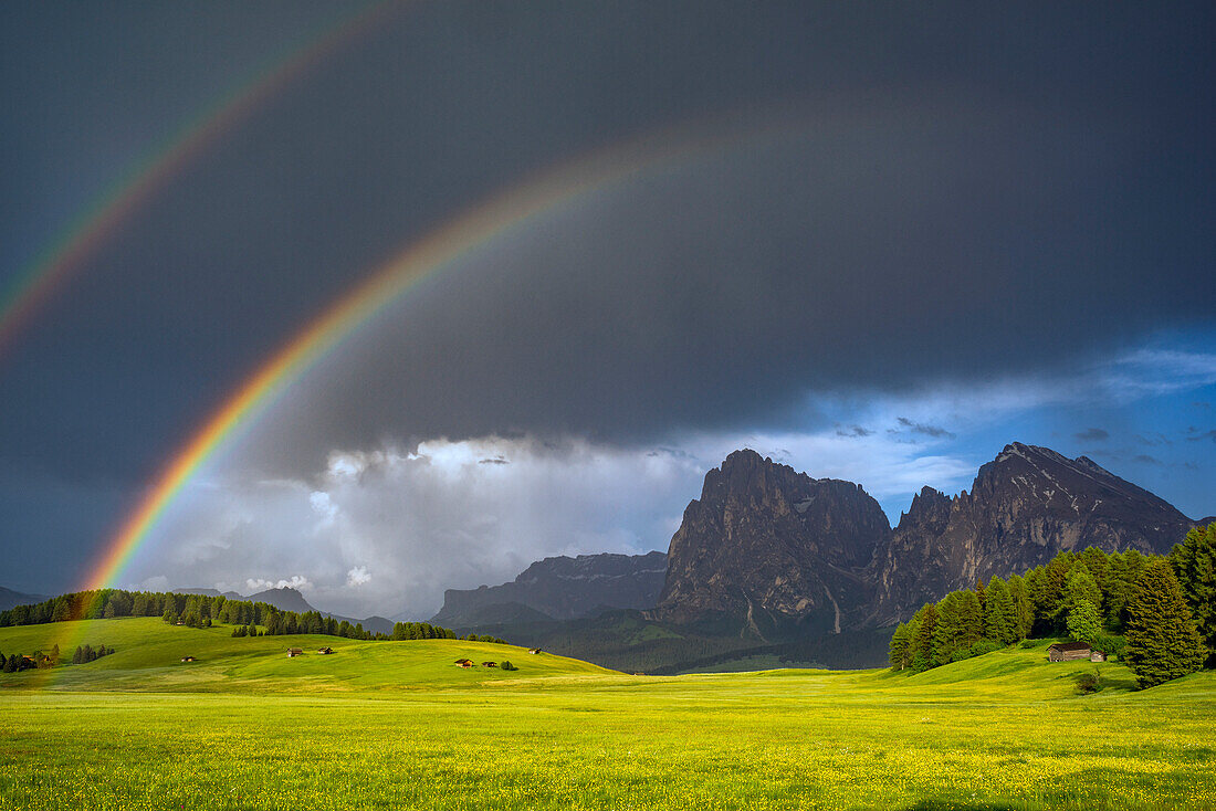 Europa, Italien, Dolomiten, Seiser Alm. Doppelter Regenbogen über Bergwiese