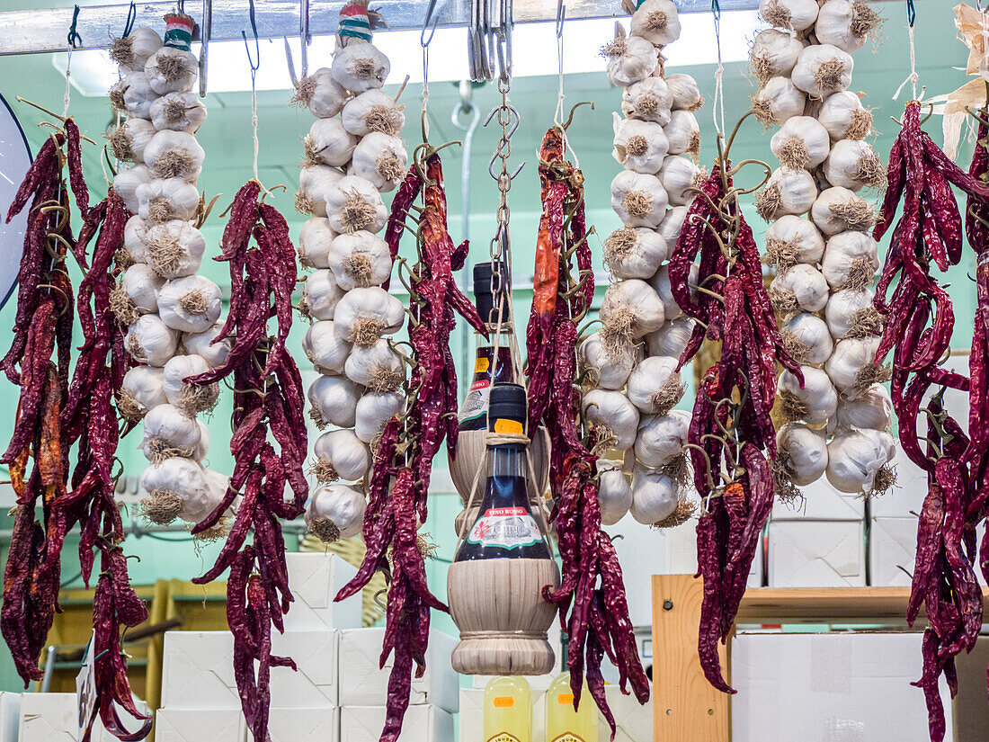 Italy, Florence. Garlic and peppers for sale hanging in a shop in the Central Market, Mercato Centrale in Florence.