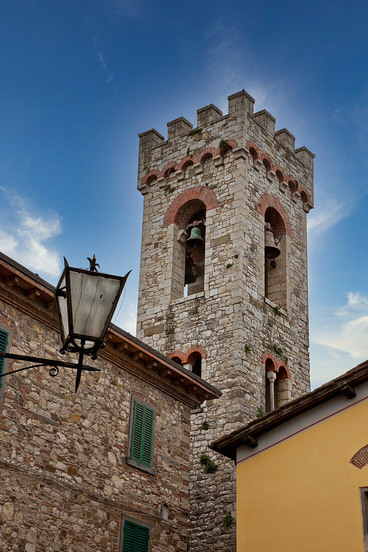 Italy, Radda in Chianti. Bell tower of Saint Niccolo church in Radda in Chianti.