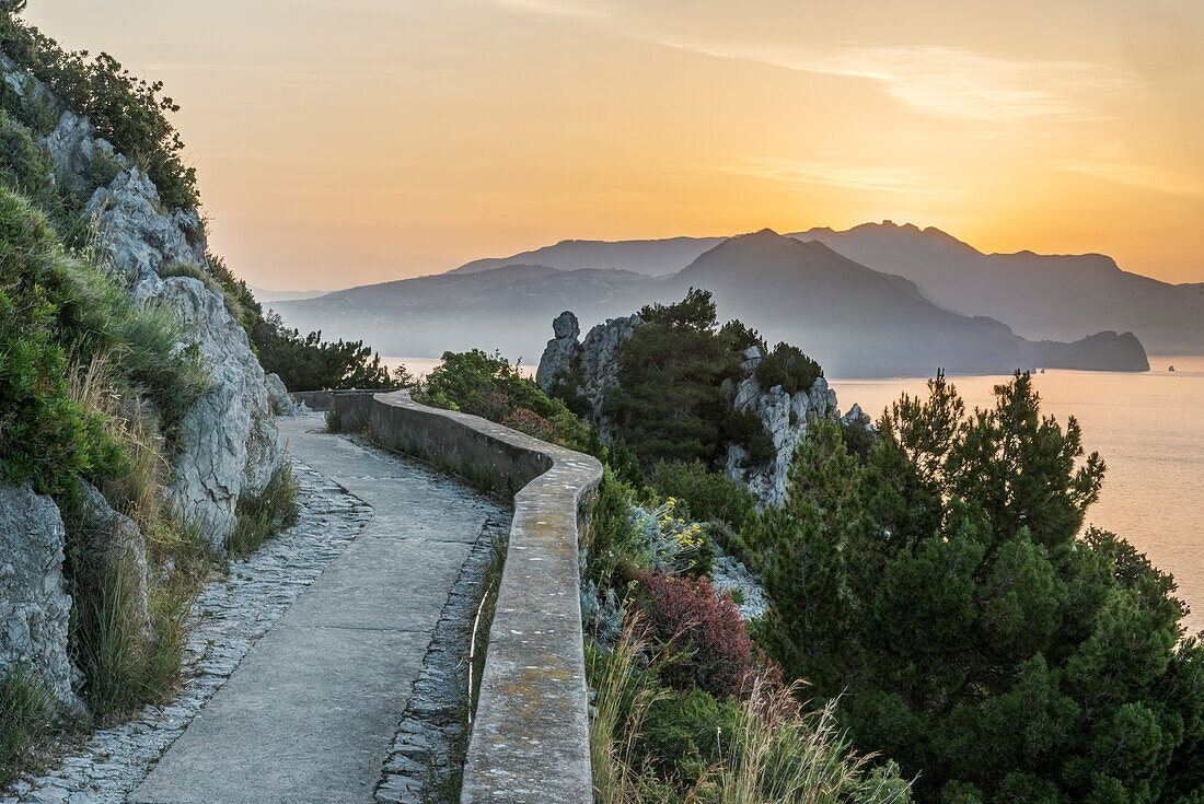 Europe, Italy, Isle of Capri, sunrise over the Sorrento Peninsula