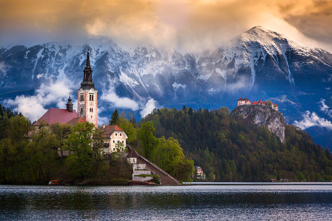 Europe, Slovenia, Lake Bled. Church castle on lake island and mountain landscape