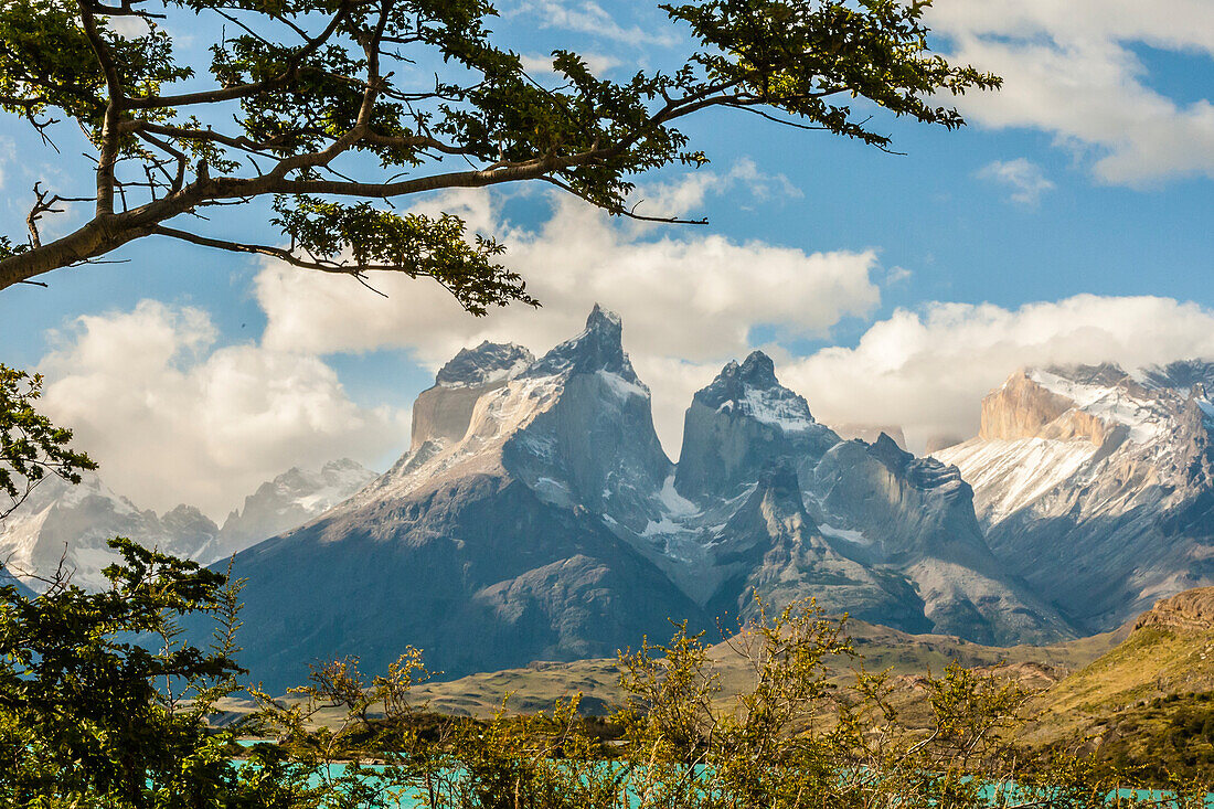 Chile, Patagonia. Lake Pehoe and The Horns mountains