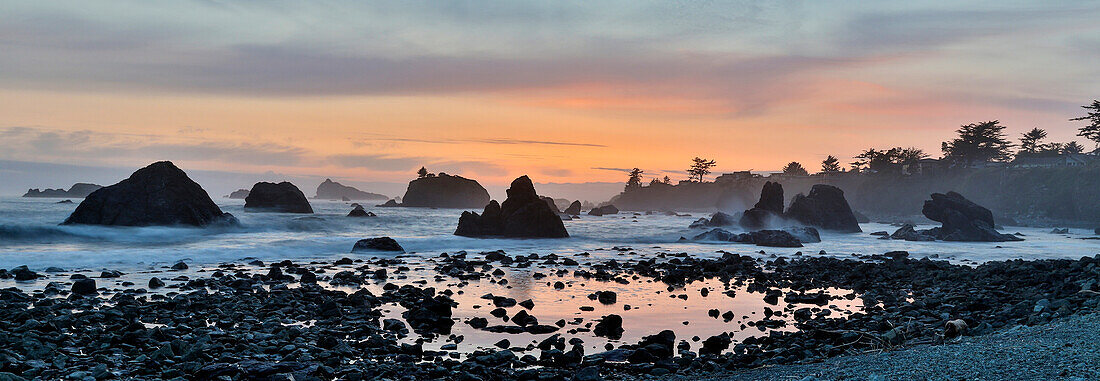 Sunset and sea stacks along Northern California coastline, Crescent City