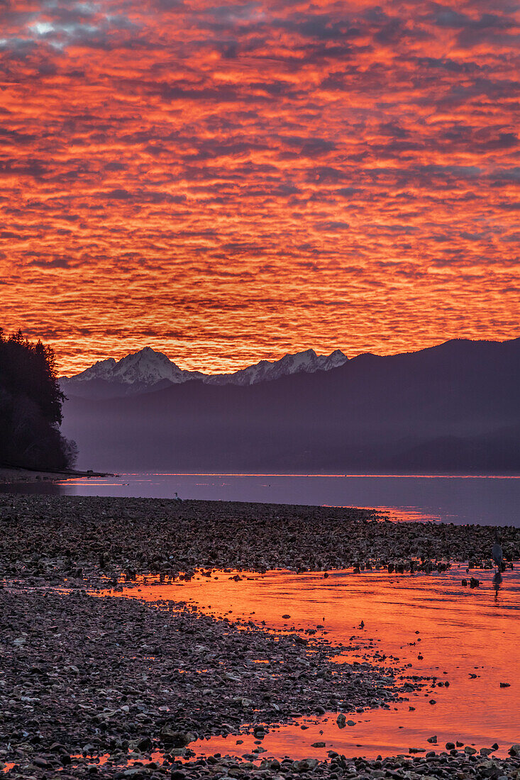 USA, Staat Washington, Seabeck. Sonnenuntergang am Hood Canal und Olympic Mountains