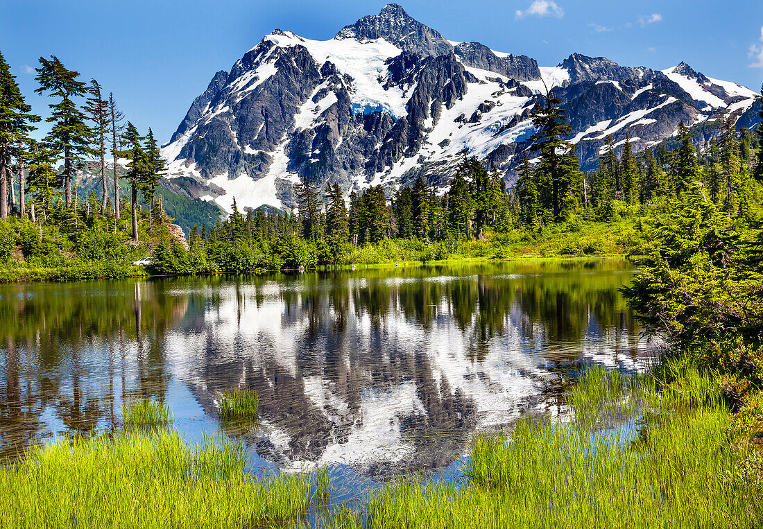 Mount Shuksan reflects into Picture Lake, Washington, USA